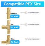 (Pack of 36) 1/2" PEX Fittings,90 Degree Elbow (12 PCS) + Tee (12 PCS) + Straight Coupling (12 PCS),Pex Brass Crimp Fitting Combo for PEX Pipe Tubing Connection, F1807 1/2Inch(36Pack)