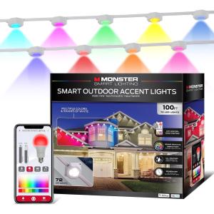 Monster 100 ft Permanent Outdoor Lights Smart – 72 RGBIC LEDs, Multi-White & Full Color, All-Weather Waterproof, App & Voice Control – Holiday & Year-Round Outdoor String Lighting