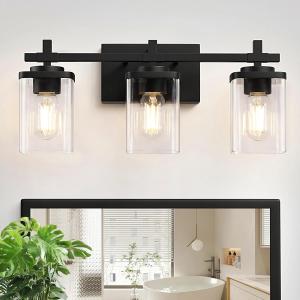PYNSSEU 24" 3-Light Matte Black Bathroom Light Fixtures with Clear Glass Shape Wall Sconces Lighting