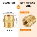 Uxcell 2Pcs Brass Pipe Fitting, 1/2"NPT Female x 3/4"G Male Hex Nipple Pipe Fitting Adapter 1/2"to 3/4"Female, Gold