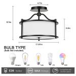 FRIDEKO HOME 3 Light Semi Flush Mount Ceiling Light, 12 Inch Industrial Ceiling Light Fixture with Metal Frame Fabric Drum Shade for Bedroom Living Room Hallway Kitchen Entryway(Without Bulb)