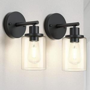 Black Wall Sconces Set of 2 Industrial Bathroom Vanity Wall Light Fixtures with Clear Glass Shade