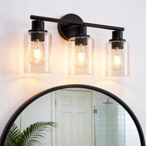 Behome 3-Light Bathroom Light Fixtures, 16.93" Black Modern Vanity Lights with Clear Glass Shade, Bathroom Wall Lamp for Mirror Kitchen Living Room Hallway Cabinet Porch, E26 Base, Bulbs Not Included