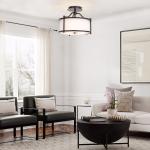 FRIDEKO HOME 3 Light Semi Flush Mount Ceiling Light, 12 Inch Industrial Ceiling Light Fixture with Metal Frame Fabric Drum Shade for Bedroom Living Room Hallway Kitchen Entryway(Without Bulb)