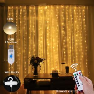 Honche LED Curtain Lights Indoor 300LEDs Waterfall Fairy String Lights Bedroom Decoration Lighting(Warm White)