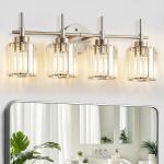 NATYSWAN Crystal Bathroom Vanity Lights(Bulbs Not Included), 4 Light Bath Mirror Light Brushed Nickel Round Crystal Wall Mount Light Fixture Over Mirror Morden for Living Room