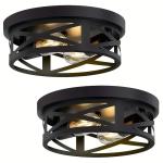 Industrial Round 2-Light FlushMount Ceiling Lights, Metal CageHallway Light Fixtures, CeilingMount Suitable for FarmhouseEntryway, Kitchen & Hallway