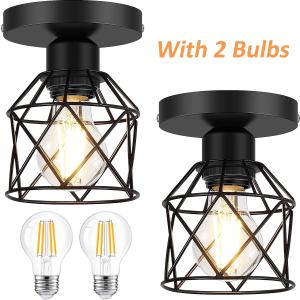 2-Pack Semi Flush Mount Ceiling Light Fixture with 2 LED Bulbs Black Kitchen Light Fixtures Ceiling Mount Ceiling Lamp for Kitchen, Hallway, Porch