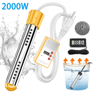 Soapow 2000W Protable Immersion Water Heater with 304 Stainless Steel Protection, Intelligent Temperature Control LCD Thermometer, Fast Heats 5 Gallons of Water in Minutes