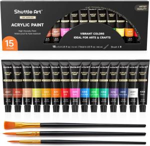 Acrylic Paint Set, Shuttle Art 15 x 12ml Tubes Non Toxic Rich Pigments Colors Perfect for Kids Adults Beginners Artists Painting on Canvas Wood Clay Fabric Ceramic Crafts