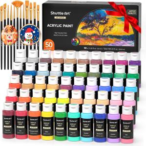 Acrylic Paint, Shuttle Art 50 Colors Acrylic Paint Set, 2oz/60ml Bottles, Rich Pigmented, Water Proof, Acrylic Paints for Artists, Beginners on Canvas Rocks Wood Ceramic Fabric