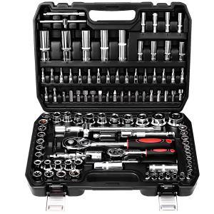 TLGREEN 108 Pcs Mechanic Socket Tool Kit，CR-V Steel Metric and Standard 1/4" & 1/2" Ratchet set, Universal Joint, Extension Bars,Adapter,Ratchet Wrench,Socket Set for Car