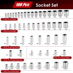 TLGREEN 108 Pcs Mechanic Socket Tool Kit，CR-V Steel Metric and Standard 1/4" & 1/2" Ratchet set, Universal Joint, Extension Bars,Adapter,Ratchet Wrench,Socket Set for Car