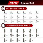 TLGREEN 108 Pcs Mechanic Socket Tool Kit，CR-V Steel Metric and Standard 1/4" & 1/2" Ratchet set, Universal Joint, Extension Bars,Adapter,Ratchet Wrench,Socket Set for Car