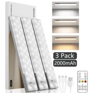 EZVALO 56 LED Under Cabinet Lights, USB Rechargeable 2000mAh Motion Sensor Closet Lighting Kit with Magnetic Strip, Remote, 3 Color Temps, Stepless Dimming & Timer for Kitchen, 3 Pack