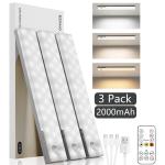 EZVALO 56 LED Under Cabinet Lights, USB Rechargeable 2000mAh Motion Sensor Closet Lighting Kit with Magnetic Strip, Remote, 3 Color Temps, Stepless Dimming & Timer for Kitchen, 3 Pack