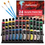 Fantastory 12ML 24 Colors Acrylic Paint Set with 3 Paint Brushes for Crafts and Painters