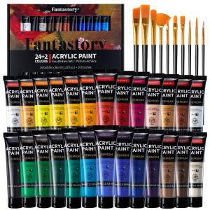 Fantastory Acrylic Paint Set, High Pigment, Quick Dry, Waterproof, 24 Colors with Metallic and White