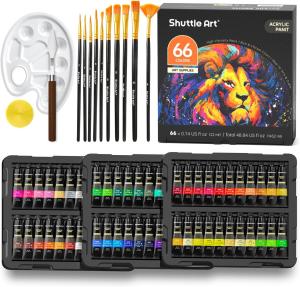 82 Pack Acrylic Paint Set, Shuttle Art 66 Colors Acrylic Paint with 10 Brushes, 22ml/0.74oz Tubes, Vibrant Colors,Painting Supplies for Kids, Adults Painting & Crafting on Canvas, Wood Ceramic