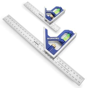 WORKPRO Adjustable Combination Square Set, 150 + 300mm, Stainless Steel Angle Ruler with Bubble, Multifunctional Measuring Tool
