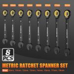 8PCS Ratchet Spanner Set 8-19mm, Combination Spanner Set with 72 Tooth Ratchet Gear, Chrome Vanadium Steel Hand Tools with Storage Box, Metric Size 8, 10, 12, 13, 14, 15, 17, 19mm