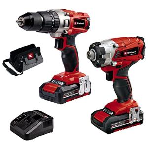 Einhell Cordless Drill and Impact Driver Set with 2 x Batteries, Charger and Storage Bag 18V Power X-Change, Brushless Combi Drills and Driver Sets Cordless TE-CD 18/44 Li-i + TE-CI 18/1 Li