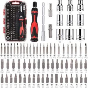 Amazon Basics Magnetic Ratcheting Wrench and Electronics Precision Screwdriver Set, 73 count (Pack of 1), Black, Red, Silver