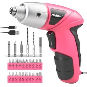 Hi-Spec 27 Pc Electric Screwdriver Pink 3.6V with 23 Drill Bits Set, Rechargeable Battery, LED Light & Cordless Screwdriver – Ideal for Home, Office, DIY Projects & Women