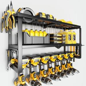 Power Tool Organizer Wall Mount - 150Lbs Load 3 Layers Storage Rack with 7 Drill Holders for Drills Cordless Tools. Heavy Duty Iron Garage Tool Organizer Storage for Workshop Shed Pegboard Basement