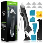 Caulking Tool 5 in 1 Silicone Caulking Grout Removal Sealant Finishing Tool with Grout Scraper, 6 Exchange Silicone Pads, Adhesive Residue Scraper Seam Repair Kit for Kitchen Bathroom White