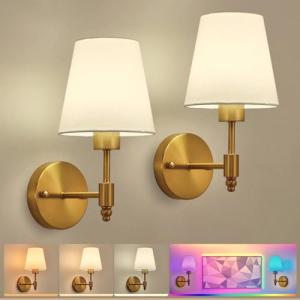 HARPER LIVING Battery Operated Wall Lights Set of 2, Wireless LED Wall Lamps with Fabric Shade & Remote, 3CCT 9 RGB Dimmable Rechargeable Bulbs Sconce Light for Bedroom Living Room Hallway (Brass)