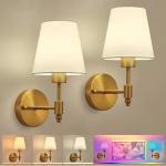 HARPER LIVING Battery Operated Wall Lights Set of 2, Wireless LED Wall Lamps with Fabric Shade & Remote, 3CCT 9 RGB Dimmable Rechargeable Bulbs Sconce Light for Bedroom Living Room Hallway (Brass)