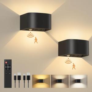 FULEN Wall Lights with Motion Sensor, Remote Control, 3 Colors, Up and Down Indoor LED Wall Sconces, On and Auto Modes, 5000mAh Rechargeable Battery Operated Wall Lamps, Brightness Adjustable