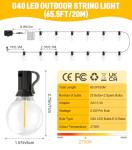 Outdoor Garden String Lights LED - 65.5Ft G40 20M Festoon Light Mains Powered with Remote Control Dimmable Timer Outside Lighting Waterproof Shatterproof Bulb Hanging for Balcony Gazebo Patio Pergola