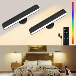 Speclux Rechargeable Wall Lights, LED Battery Operated Wall Lights with 7500mAh Battery Lamp for Bedroom, 3 Colors with 15 RGB Colors, 360°Rotate & Stepless Dimmable Brightness(2 Pack Black)