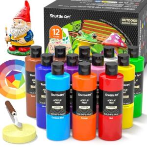 Shuttle Art Outdoor Acrylic Paint, 12 Vibrant Colours Waterproof Acrylic Paints, 8.45oz/250ml Large Bottles, Garden Ornament Paint for Adults, Artists, Beginners on Rocks, Wood, Wall, Crafts, Statues