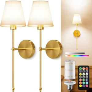 Battery Operated Wall Lights Set of 2, 10000mAh Rechargeable Wireless Wall Sconces with Remote, Dimmable 9 RGB Colours & 4 Light Temperatures, Magnetic Detachable Bulbs, for Bedroom Living Room