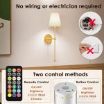Battery Operated Wall Lights Set of 2, 10000mAh Rechargeable Wireless Wall Sconces with Remote, Dimmable 9 RGB Colours & 4 Light Temperatures, Magnetic Detachable Bulbs, for Bedroom Living Room