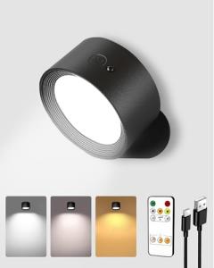EZVALO LED Wall Lights, 2000mAh Rechargeable Wall Lights Indoor, 3 Color Temps with Remote and Touch Control, 360°Rotation Dimmable Cordless Wall Light for Living Room Bedroom (Black, 1 Pack)