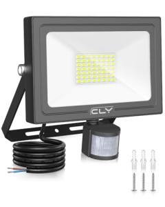 CLY Security Lights Outdoor Motion Sensor, 30W PIR Sensor Security Light 2820 Lumen IP66 Waterproof Motion Sensor Floodlight, 6500K Cold White LED Outdoor Light Mains Powered for Garden NO Earth Wire