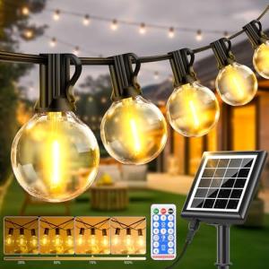 PBGMRT Dimmable Solar Outdoor String Lights - 30M/100FT G40 Solar Powered Garden Lights 38+2 LEDs, Remote 3 Timer 8 Modes Waterproof Outside Festoon Lights for Gardens Patios Fences Pergolas