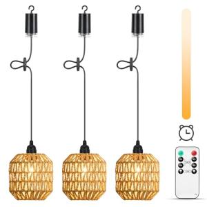3 Pack Battery Powered Outdoor Pendant Light Dimmable Ceiling Light IP65 Battery Operated Hanging Lights Indoor with Remote Control Timer Portable Rattan Boho Lampshade Chandeliers for Gazebo Patios
