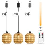 3 Pack Battery Powered Outdoor Pendant Light Dimmable Ceiling Light IP65 Battery Operated Hanging Lights Indoor with Remote Control Timer Portable Rattan Boho Lampshade Chandeliers for Gazebo Patios