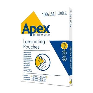 Fellowes Apex A4 Laminating Pouches, Glossy Finish, 100 Sheets - Light Duty - Ideal for Notices and Photos
