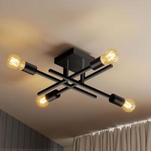 Emitto Ceiling Lights Living Room, 4 Light Modern Sputnik Chandelier, Black Metal Industrial Ceiling Lights, Flush Mount Living Room Lights Ceiling with E27 Base for Bedroom, Kitchen, Dining Room