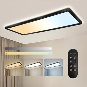 ONDTA Black Ceiling Light 22W, 58x20cm 2700K-6500K Dimmable with Remote Control, IP44 Waterproof Bathroom Lights Ceiling, Modern Simple Thin LED Panel for Kitchen, Bedroom, Hallway, Office