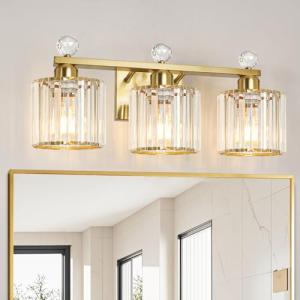 Lxybcce Modern Crystal Bathroom Vanity Light, Gold Bathroom Lighting Fixture, Crystal Brass Vanity Light Fixture Over Mirror, Bath Wall Mounted Lighting for Bedroom, Living Room