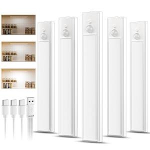 daphomeu 5 Pack Rechargeable Under Cupboard Kitchen Lights, Dimmable Cabinet Light Type-C Charging, LED Motion Sensor Lights Indoor, Magnetic Stick Wireless Light for Shelf Stairs Wardrobe Closet