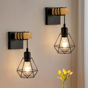 FORCOSO Vintage Wood Wall Lamp 2-Pack, Black E27 Sconce Lights, Industrial Rustic Wall Lighting for Living Room, Bedrooms, Hallway, Stair