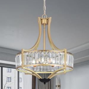 Kaniker 5-Light Crystal Chandelier Ceiling Light Fixture with Adjustable Height, Gold Drum Pendant Light for Dining Room Light Fixture, Kitchen Island, Bedroom, Living Room, Elegant Modern Lighting